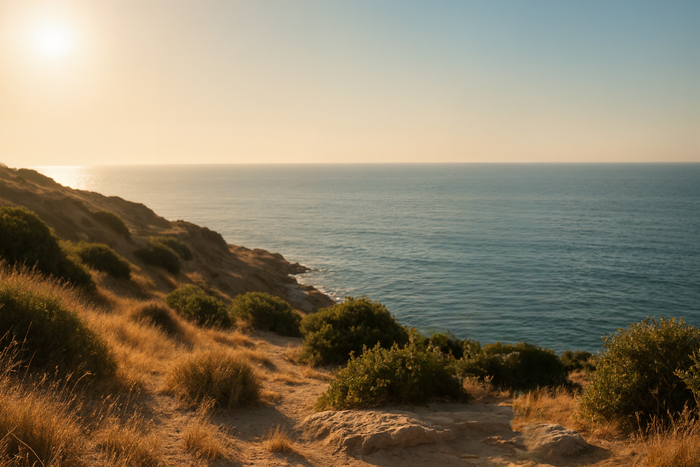 Golden coastal cliffs overlooking calm ocean at sunset