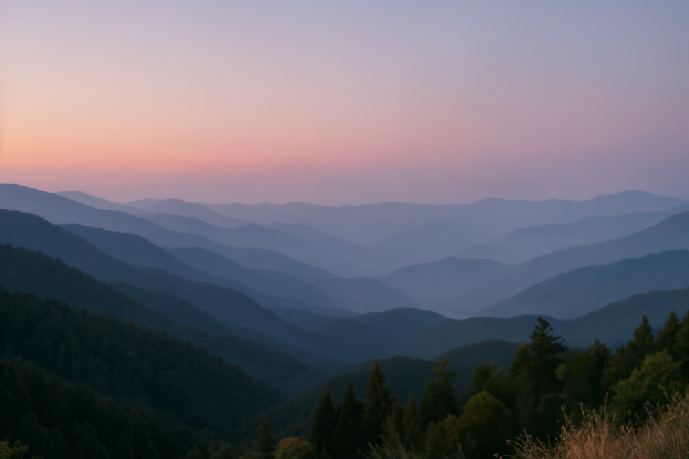Layered mountain ridges under soft purple twilight sky