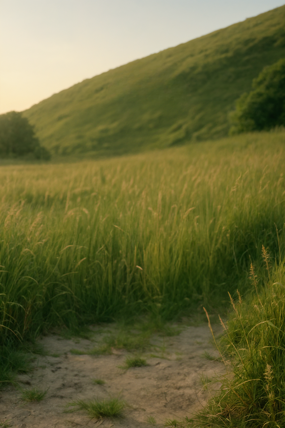 Sunlit grassy meadow at the base of green hill