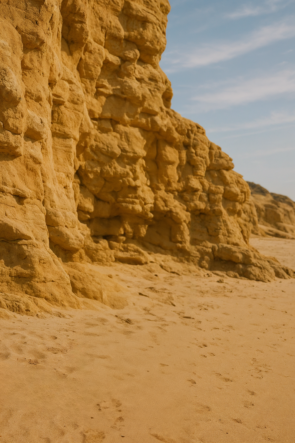 Sandy beach with golden rock formations and blue sky