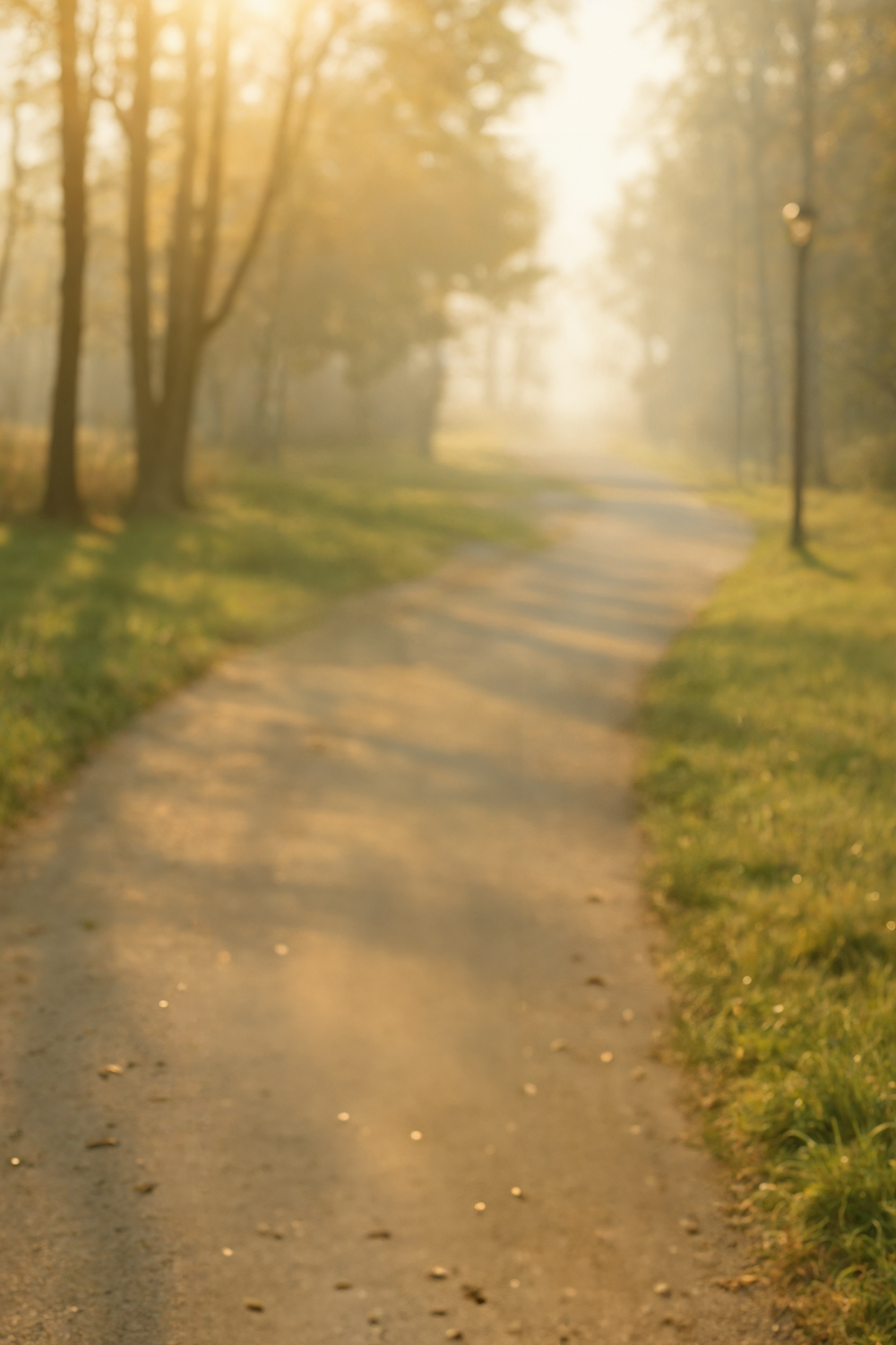 Sunlit forest path with tall trees and morning haze