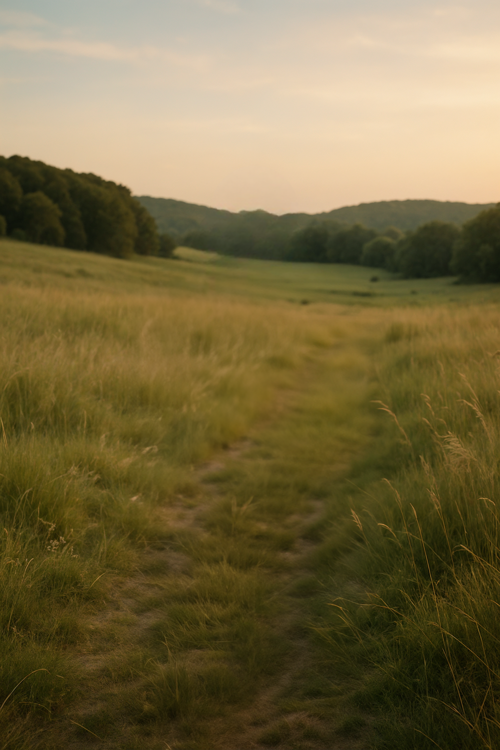 Rolling grassy meadow path with distant forested hills