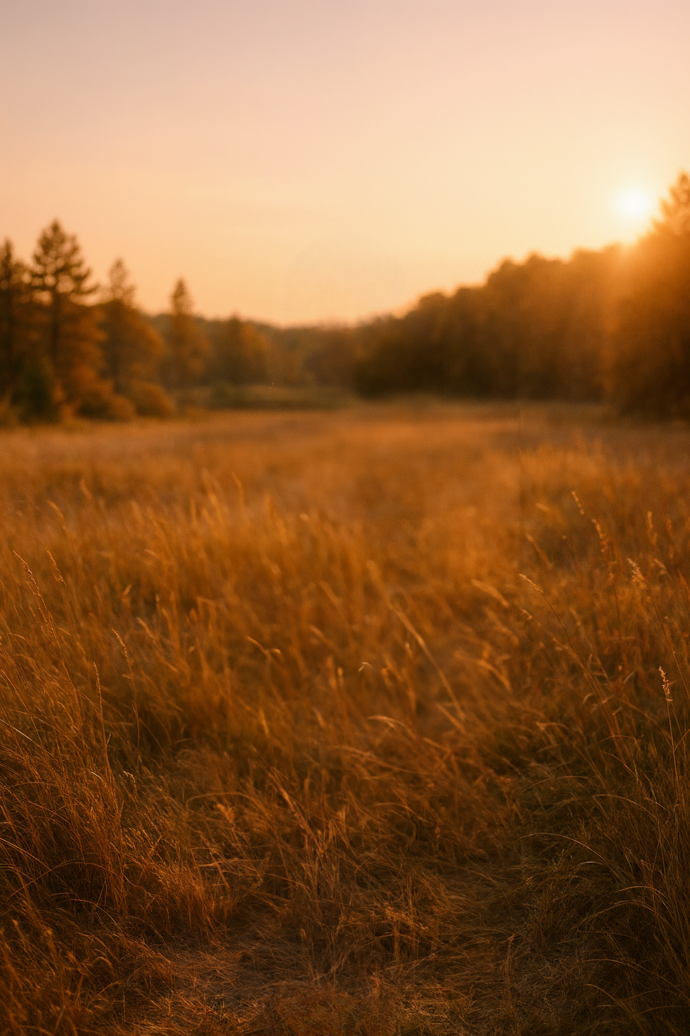 Sunset-lit field with tall grass and forest edge
