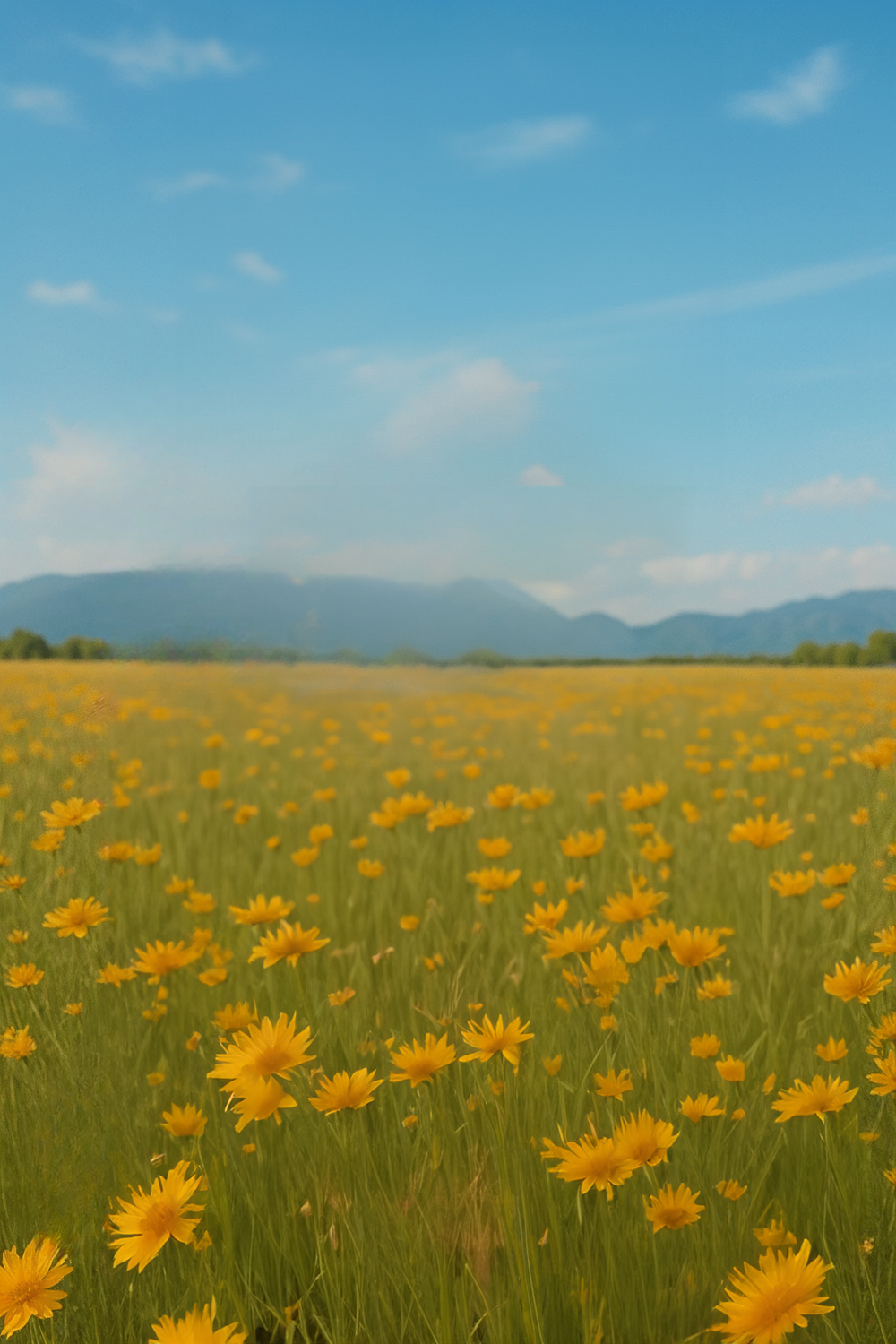 Golden flower field with distant mountains and clear sky