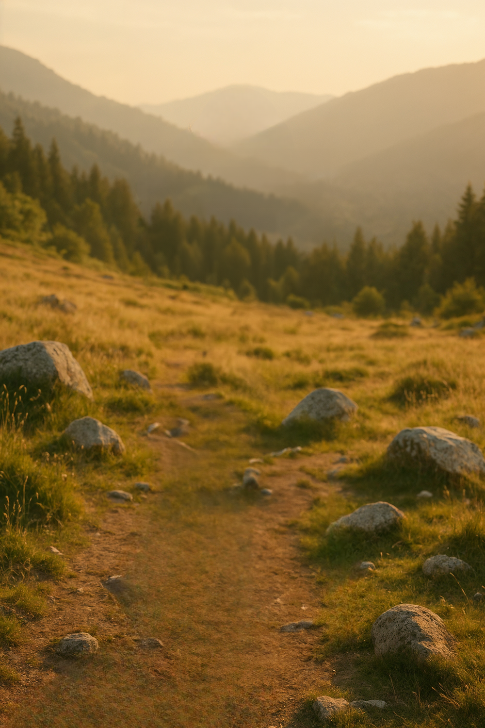 Golden mountain meadow with rocks and forested hills