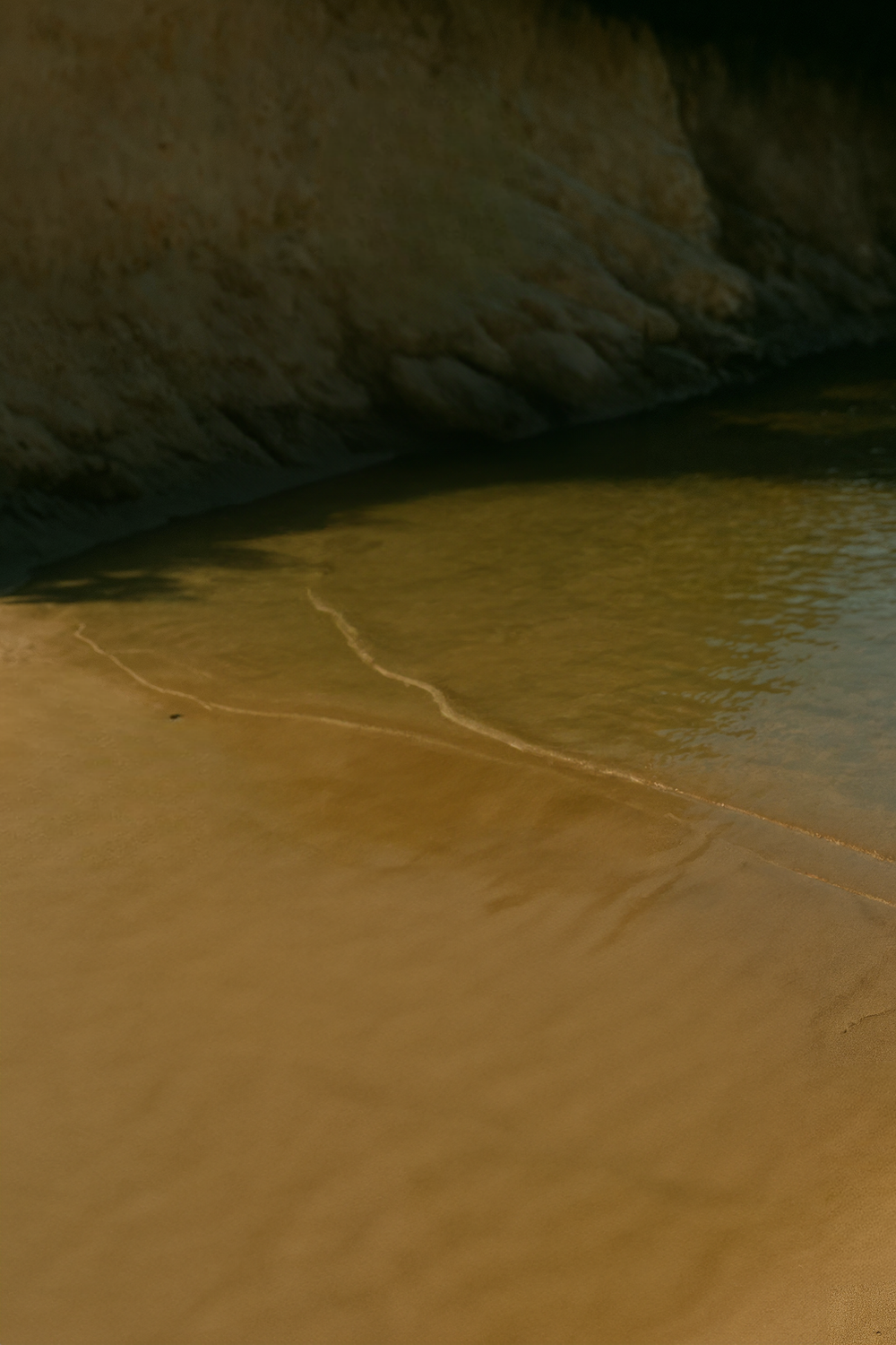 Shallow water edge with sandy ground and rocky backdrop