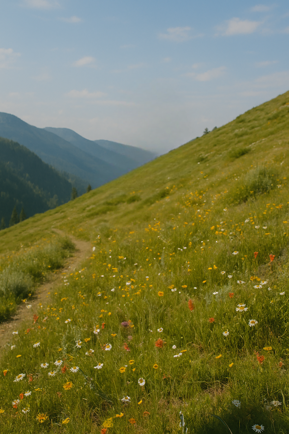 Sunny mountain meadow with wildflowers and distant ridges