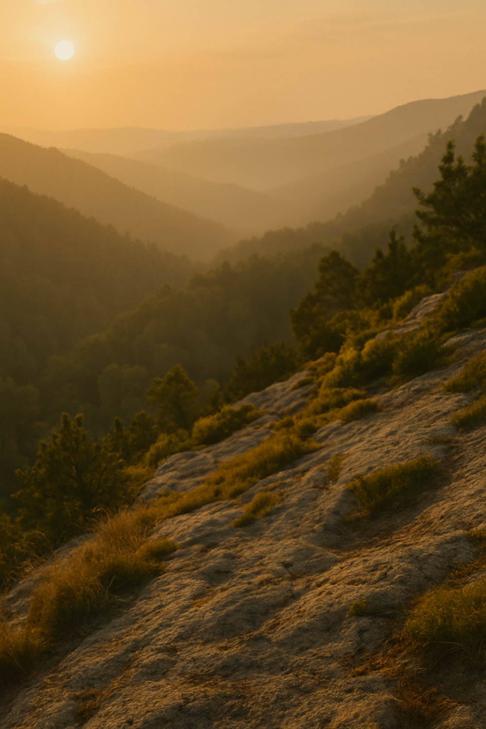 Golden sunset over forested hills and rocky slope