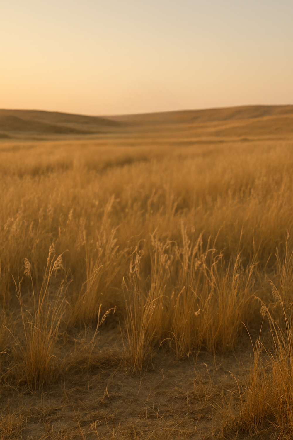 Golden grass field at sunset with rolling hills