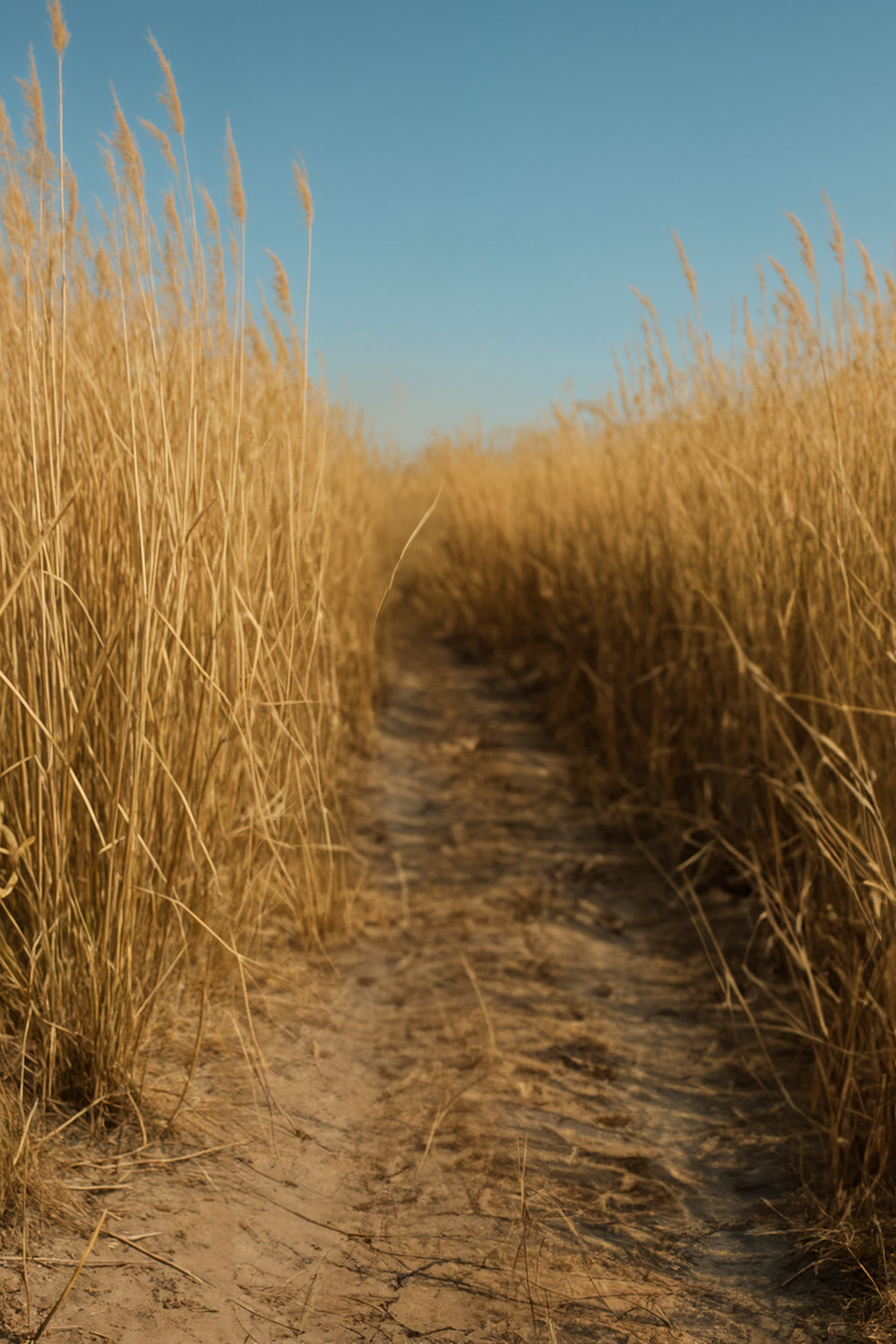 Dry grass path under clear blue summer sky