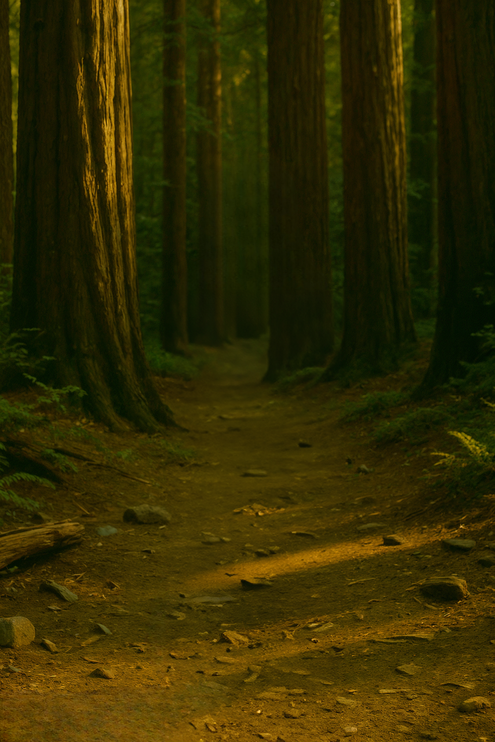 Sunlit forest floor surrounded by tall redwood trees