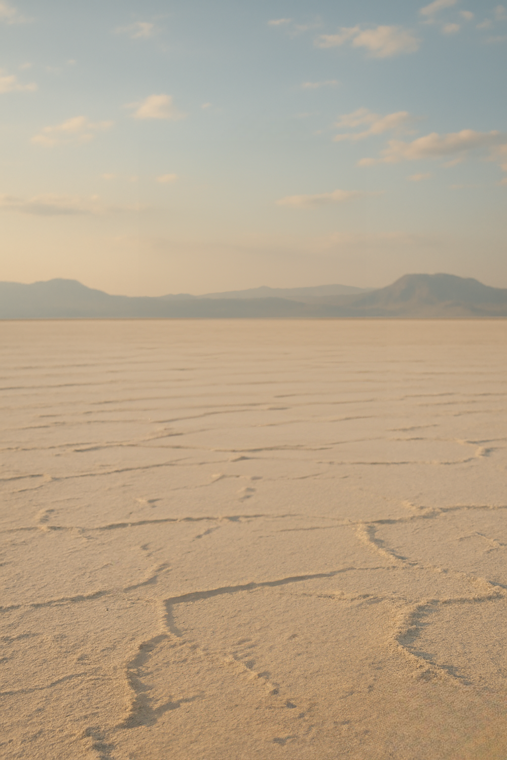 Sunlit salt flat with distant mountains and open sky