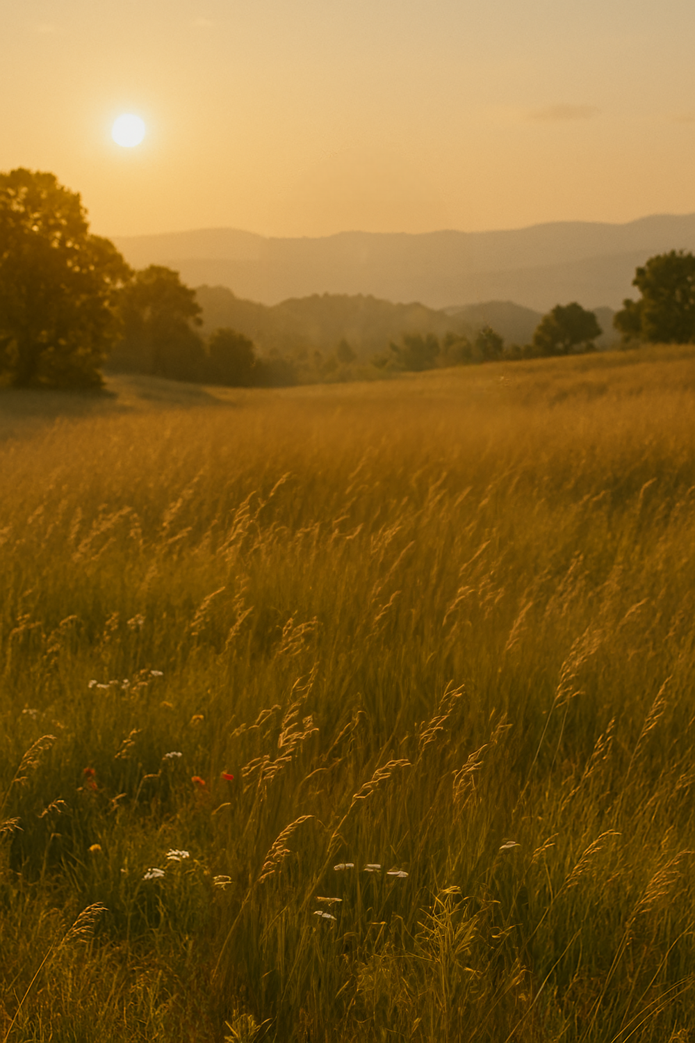 Sunset over grassy field with trees and distant hills