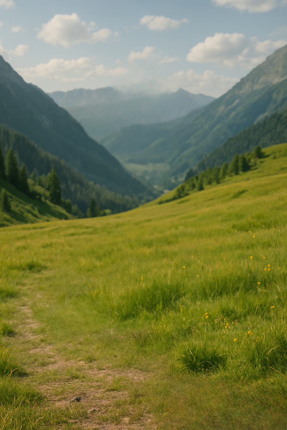 Lush green mountain valley under blue sky with clouds