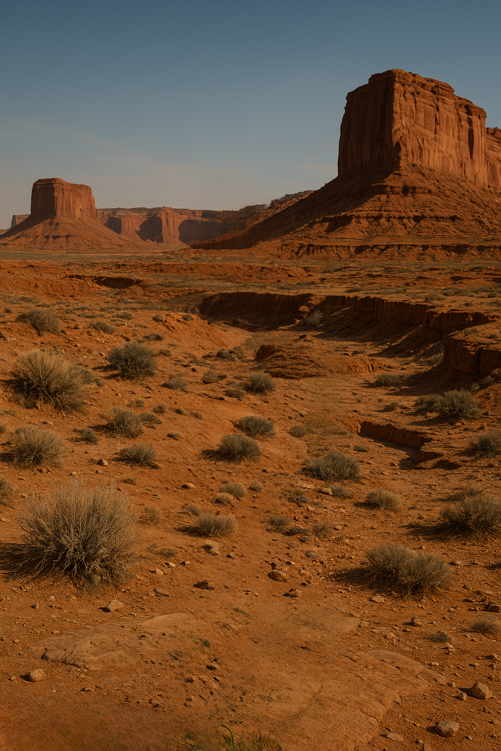 Sunlit desert landscape with towering red rock formations