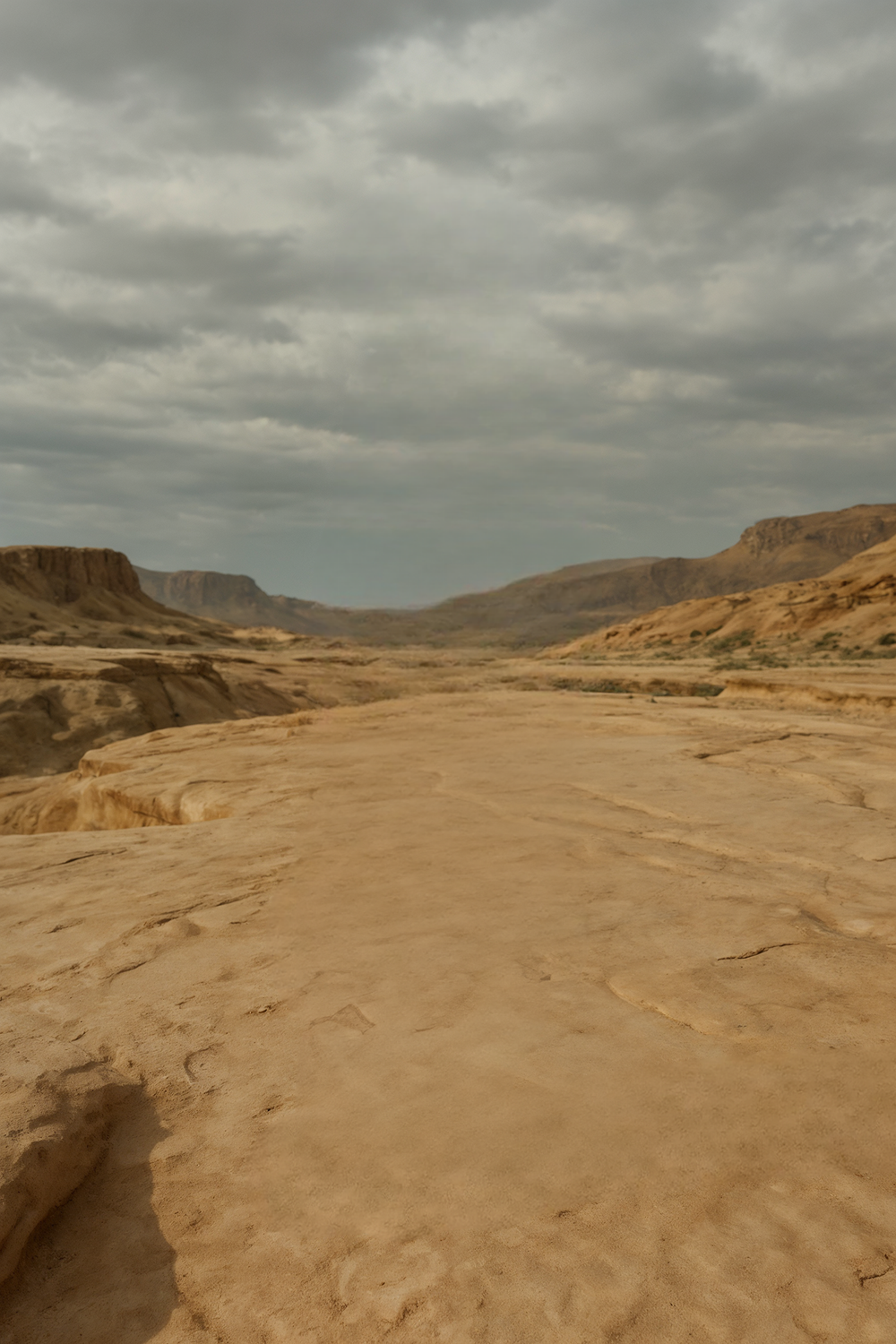 Windswept desert plateau with distant rocky formations