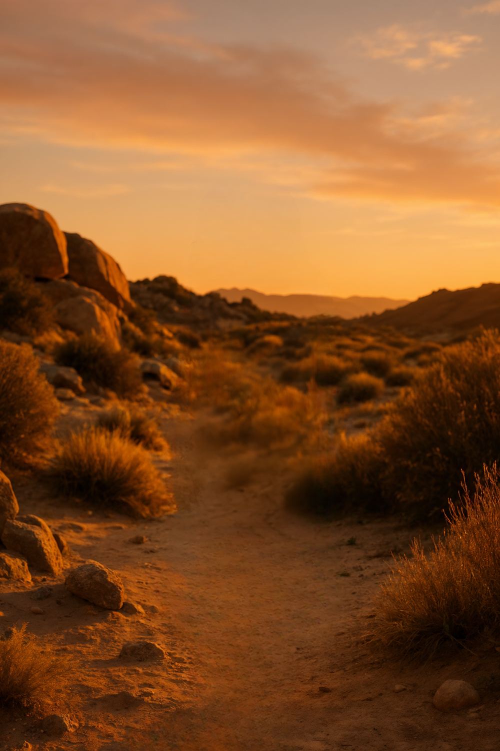Rocky desert landscape with golden shrubs at sunset
