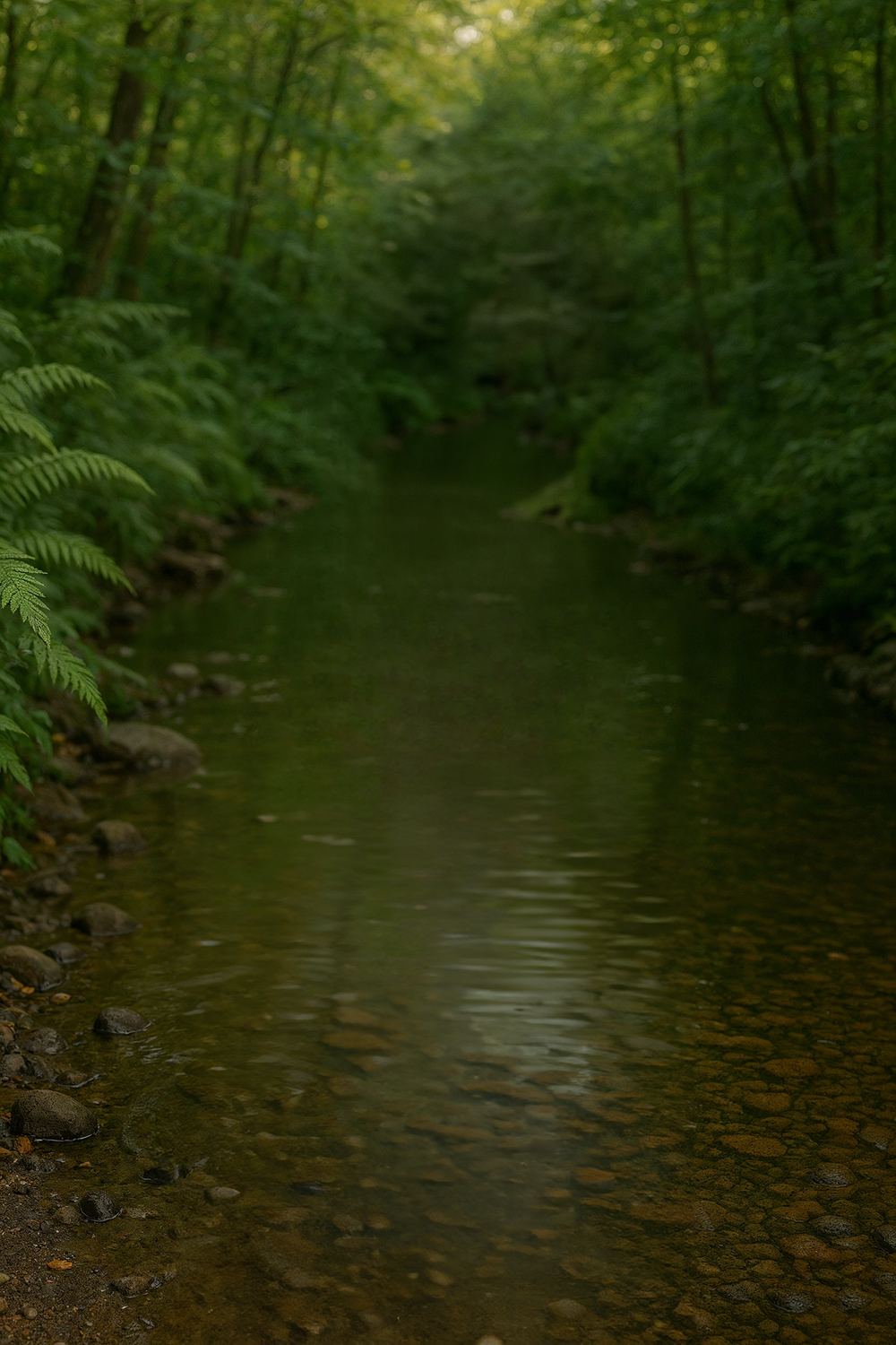 Peaceful forest creek surrounded by dense green foliage