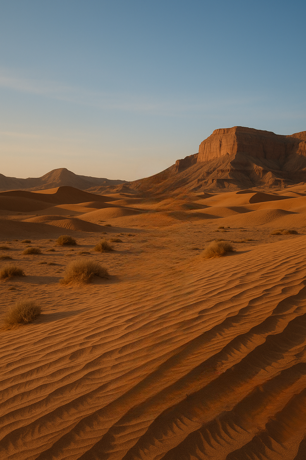 Golden sand dunes with rugged desert mountains behind