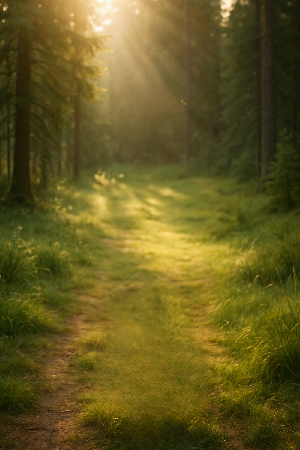 Sunlight streaming through tall trees in dense forest