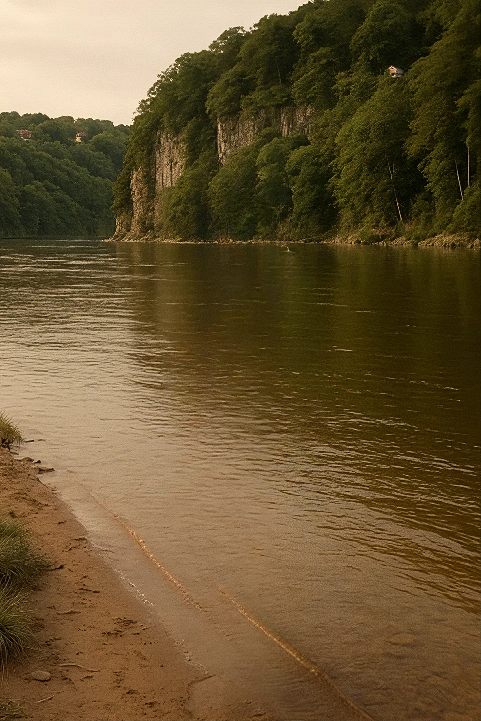 Peaceful riverside with forested cliffs and sandy edge