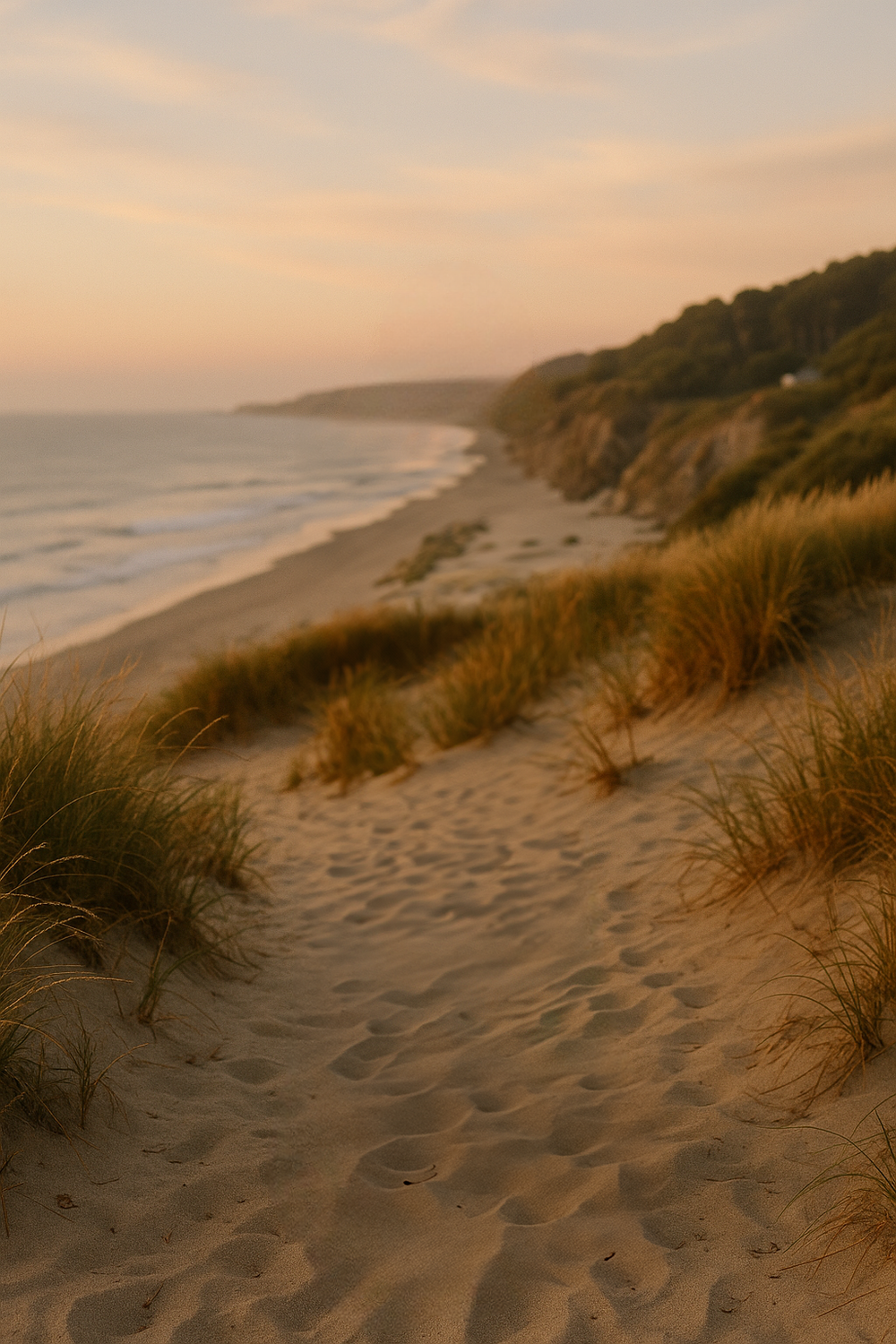 Golden sunset over coastal cliffs and sandy dunes
