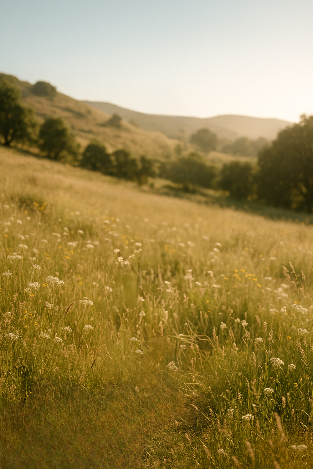 Golden meadow with wildflowers and softly rolling hills