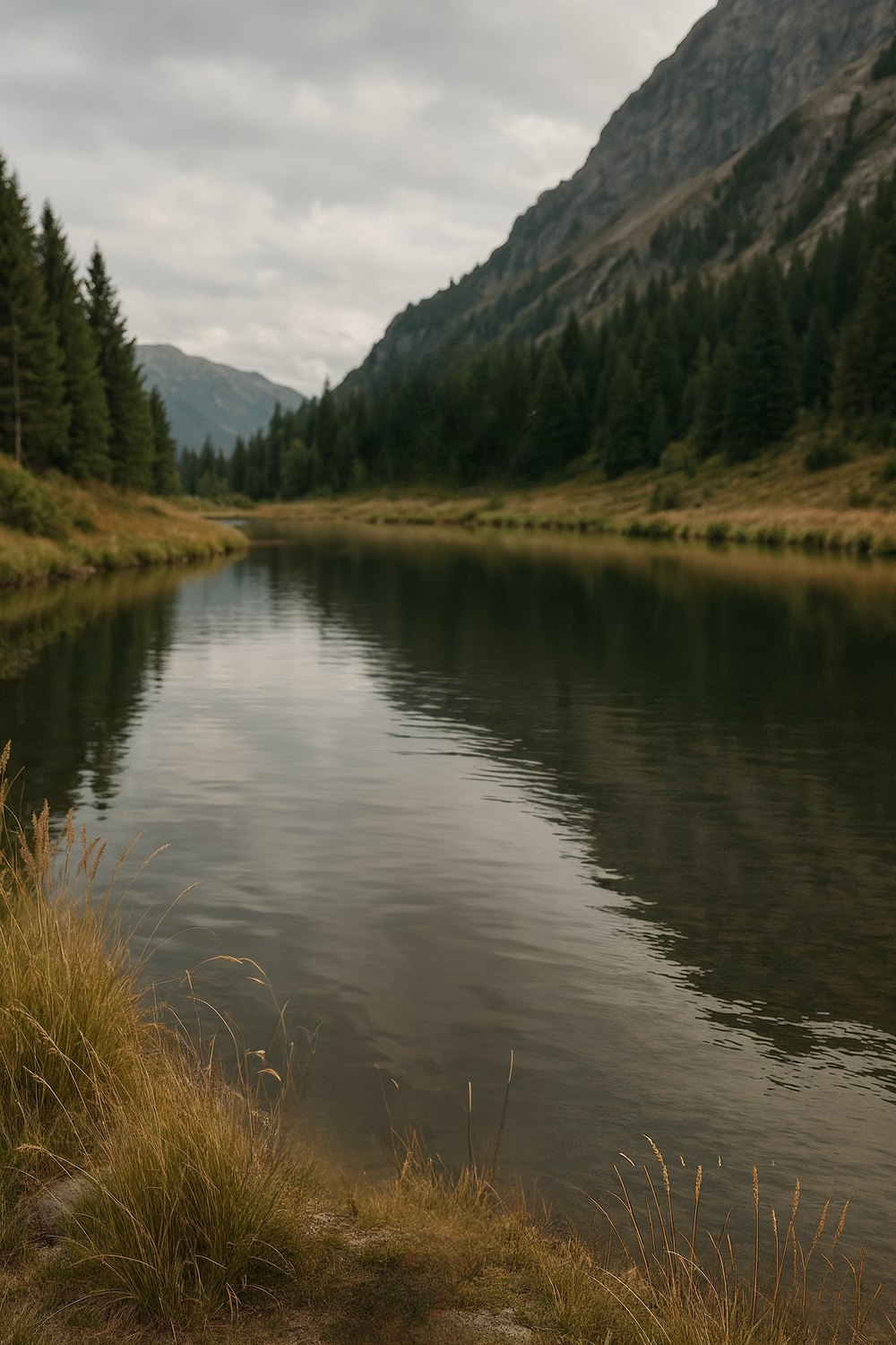 Calm mountain river surrounded by pines and rocky hills