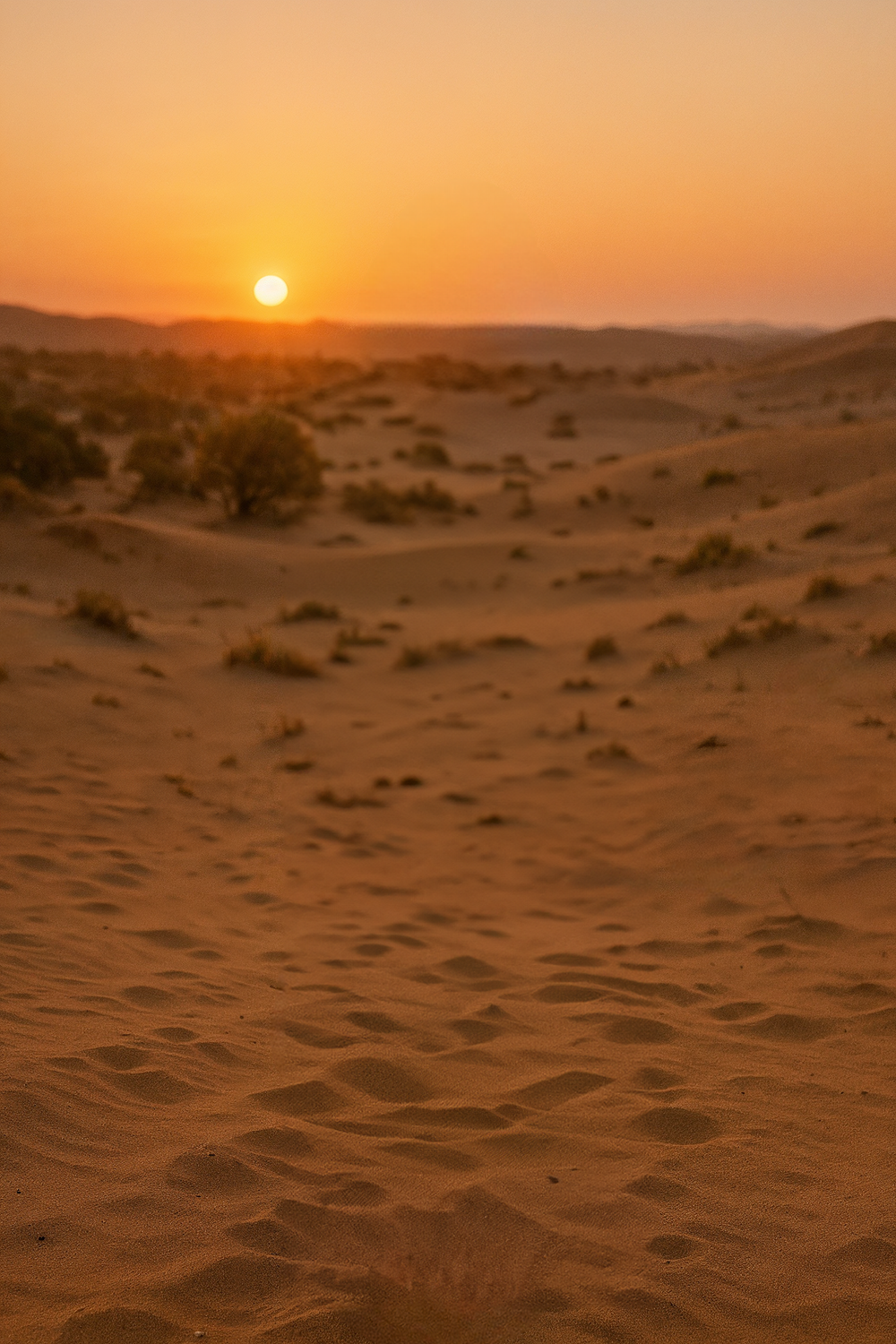Sunset over sandy desert landscape with distant dunes