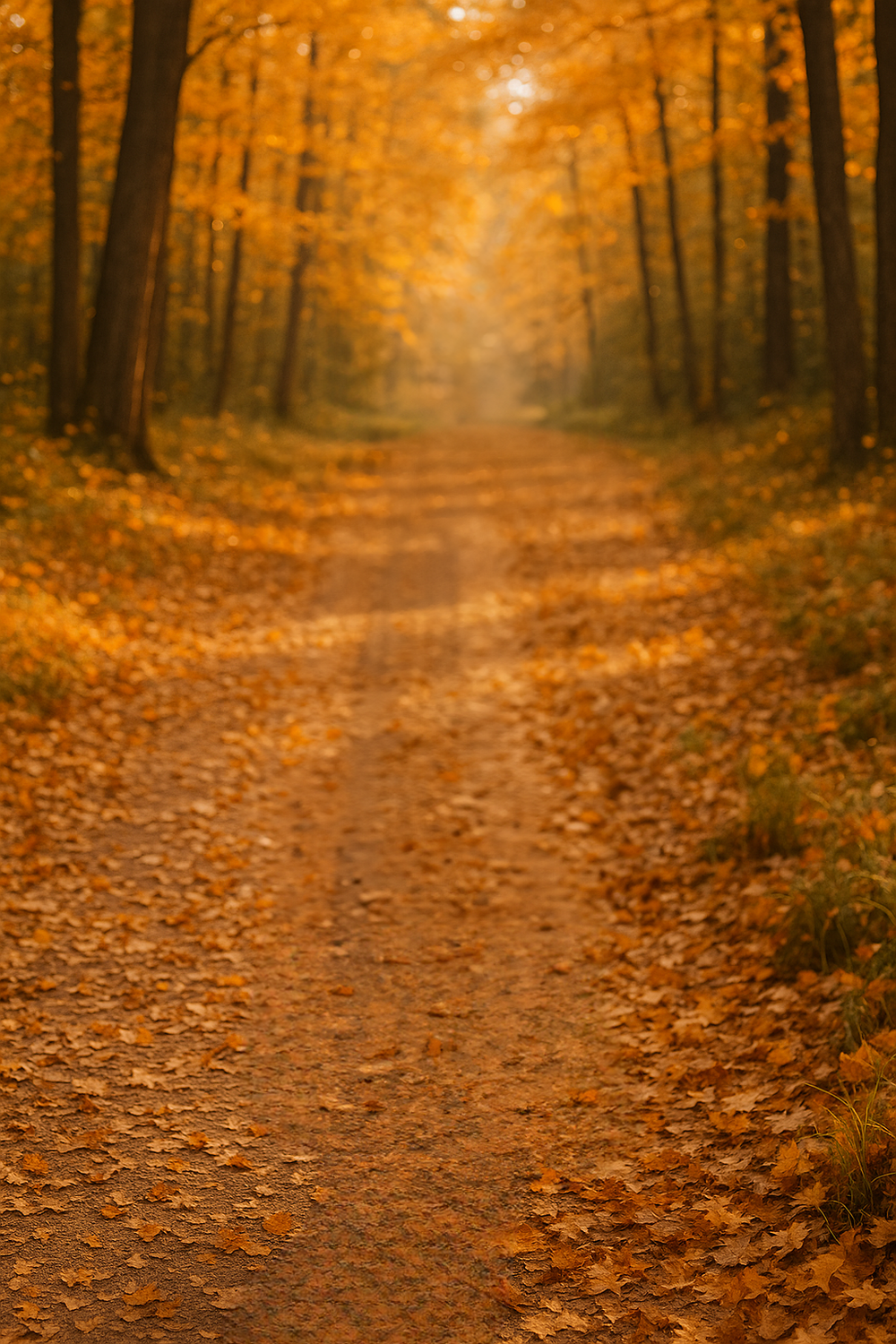 Autumn forest path covered in fallen orange leaves