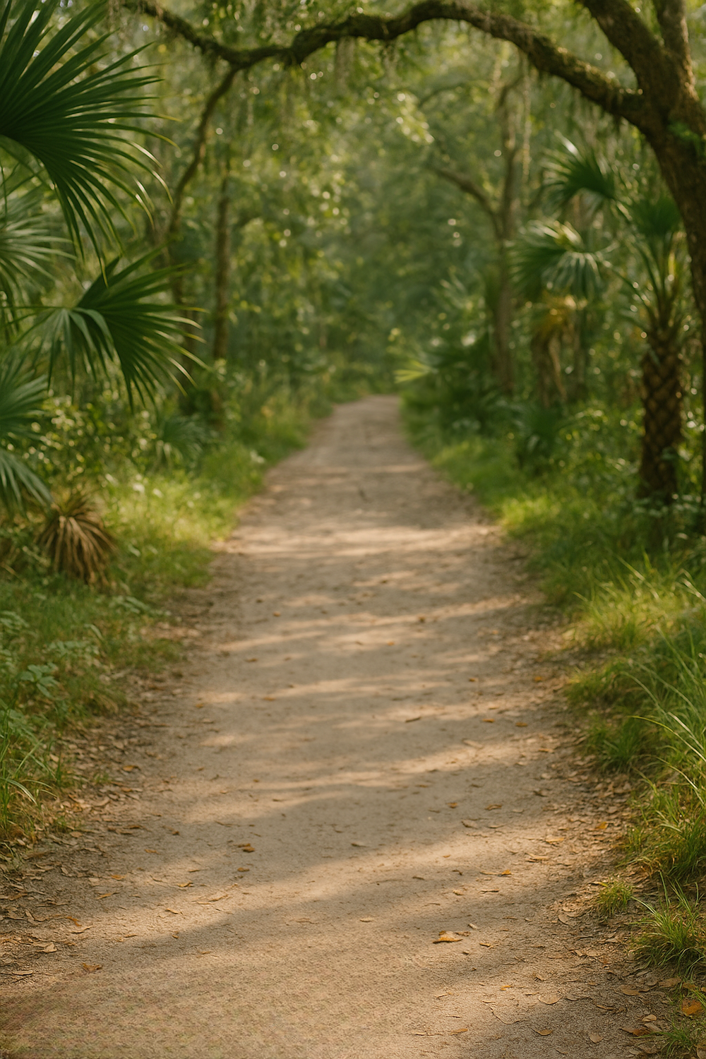 Sunlit forest path with lush green palm trees