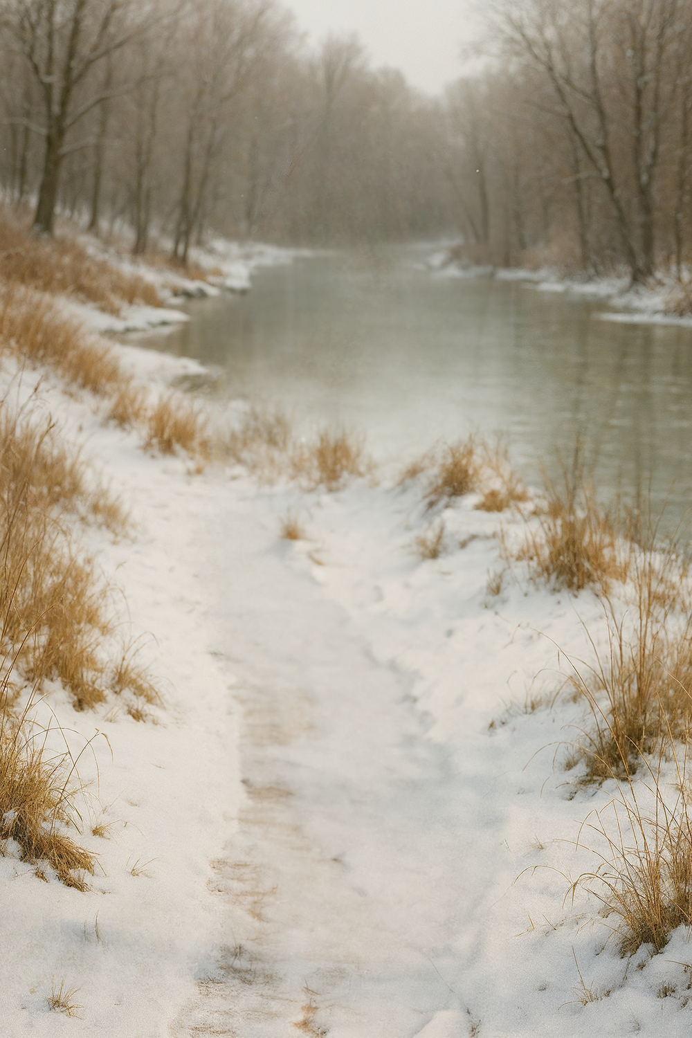 Snowy riverside path lined with leafless winter trees
