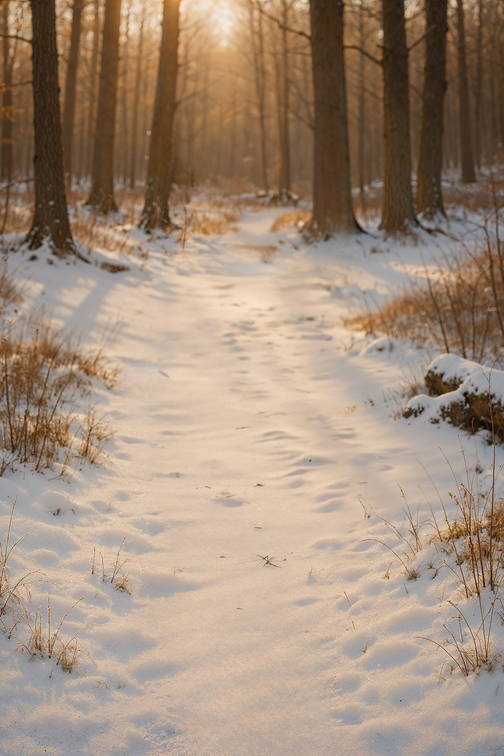 Snow-covered forest with tall trees and warm sunlight