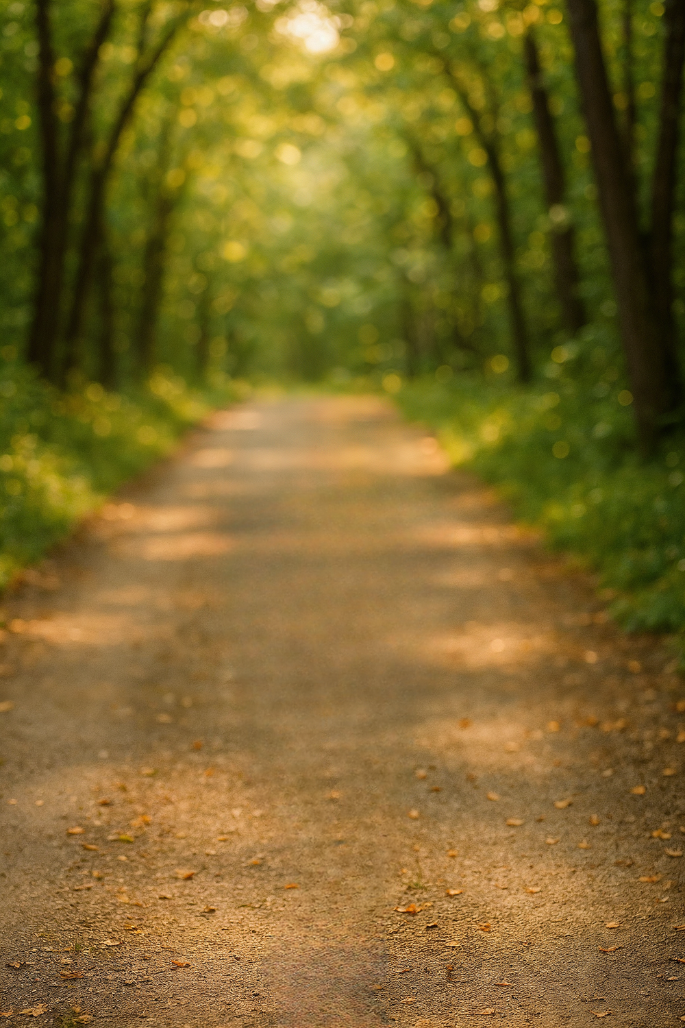Sunlit forest path surrounded by lush green trees