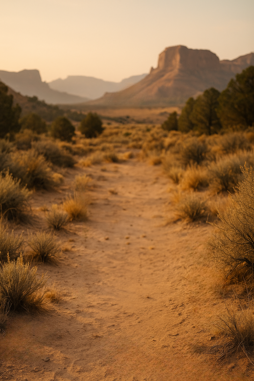 Golden desert landscape with brush, trees, and rocky mesas