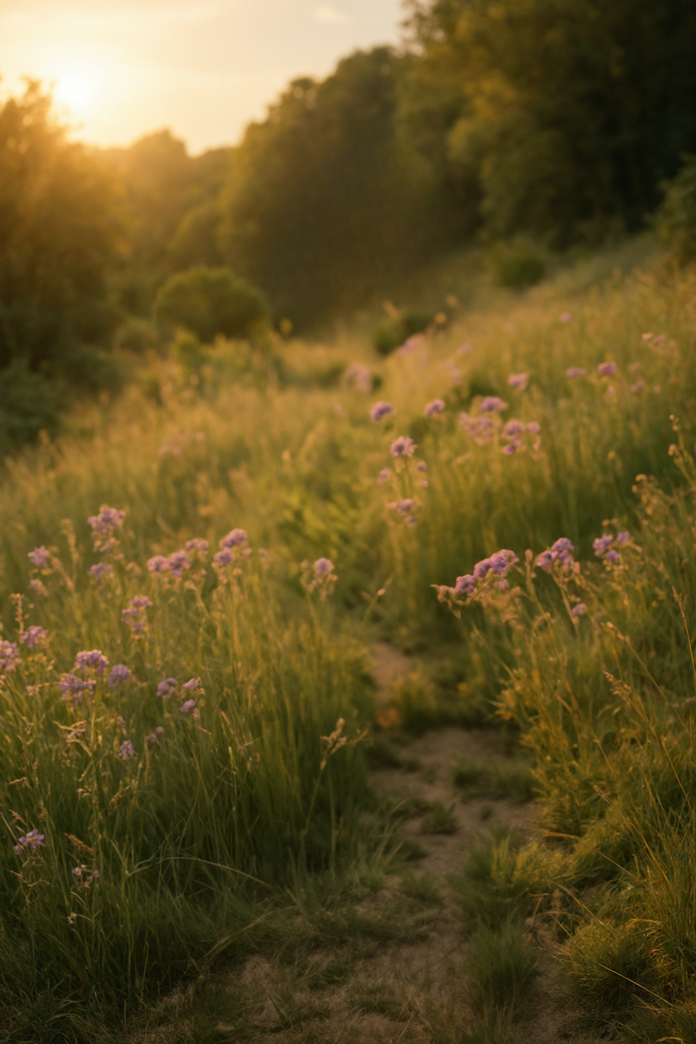 Sunset-lit wildflower meadow with forested hillside path