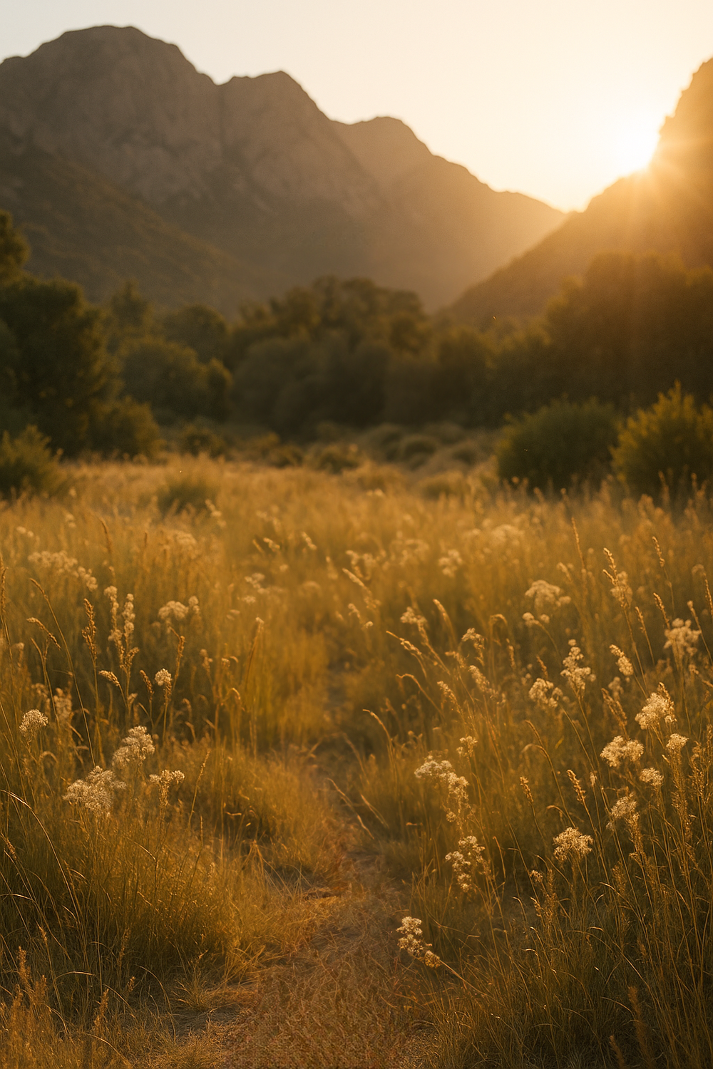 Sunset casting warm light over grassy mountain valley