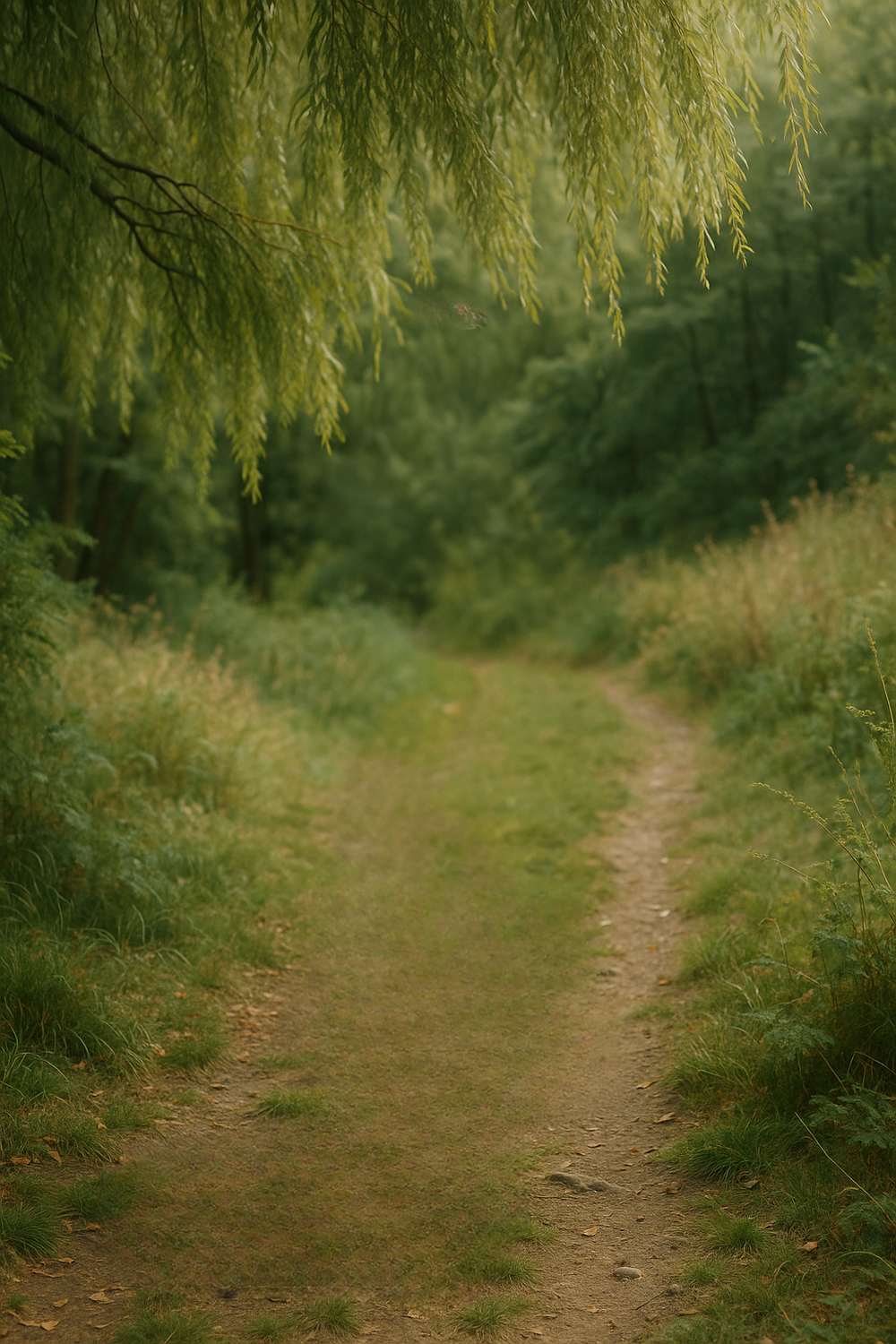 Shaded forest trail surrounded by lush green foliage