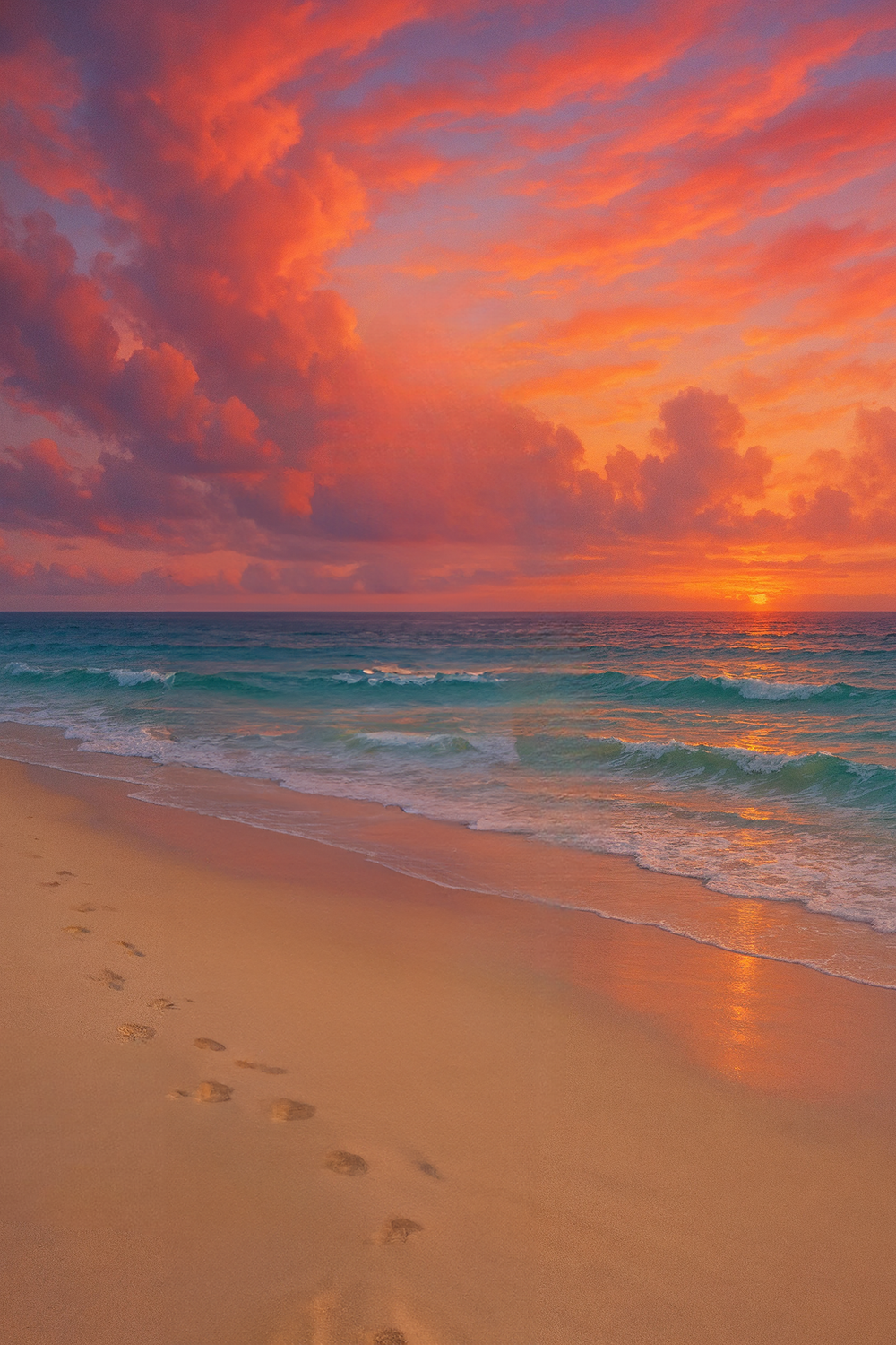 Vibrant sunset sky over tranquil ocean beach shoreline