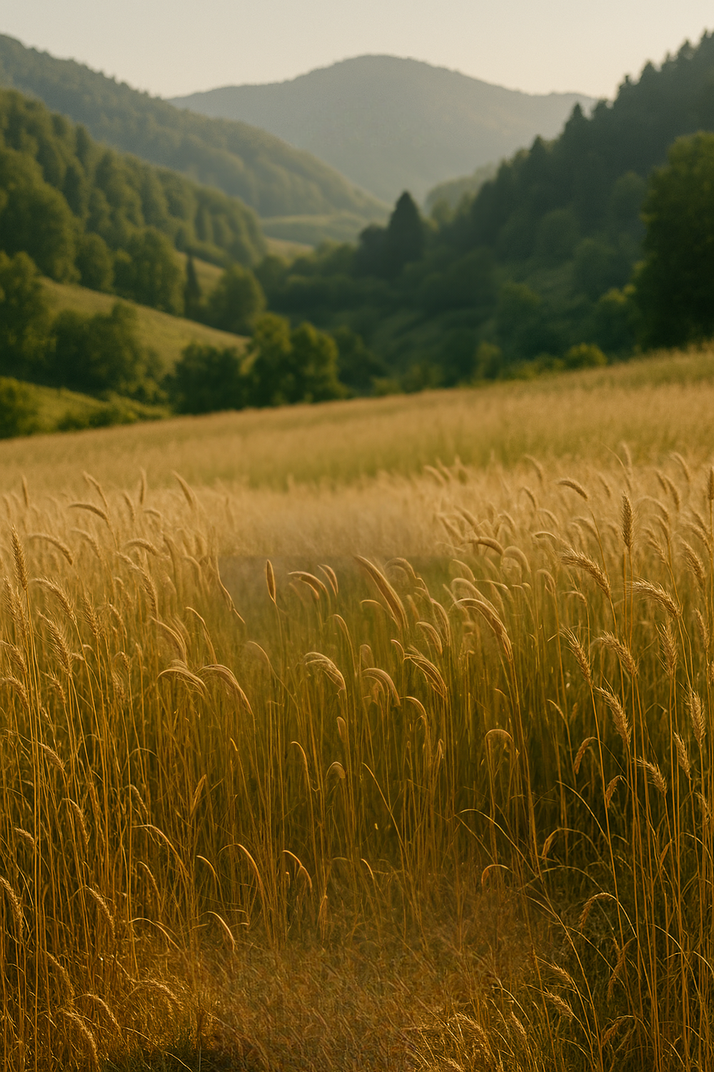 Golden meadow surrounded by forested hills under sunlight