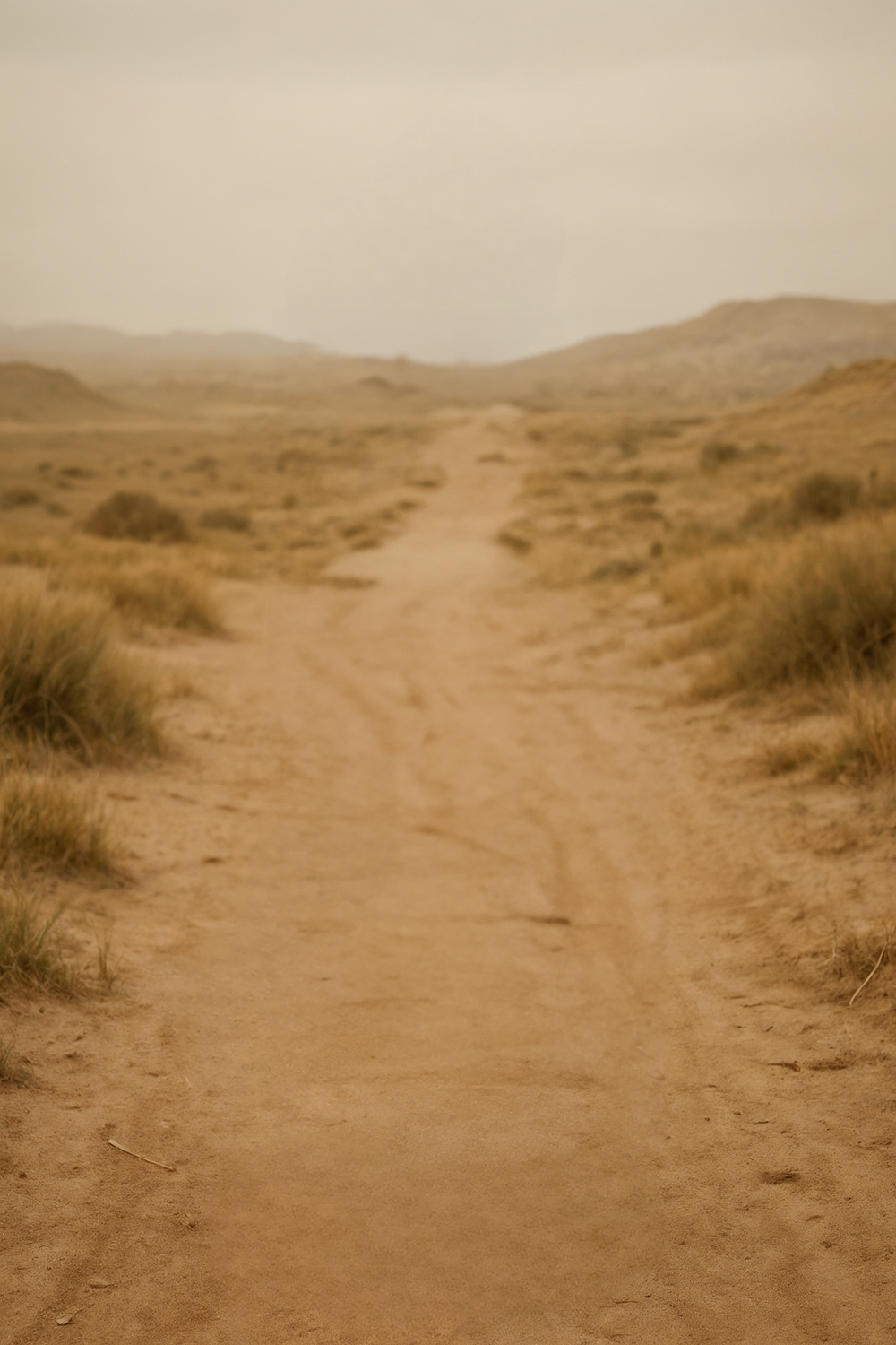 Dusty desert trail surrounded by dry grassy hills