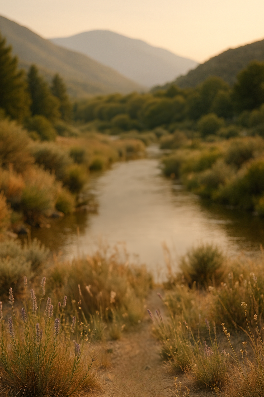 Golden hour mountain valley with river and wild vegetation