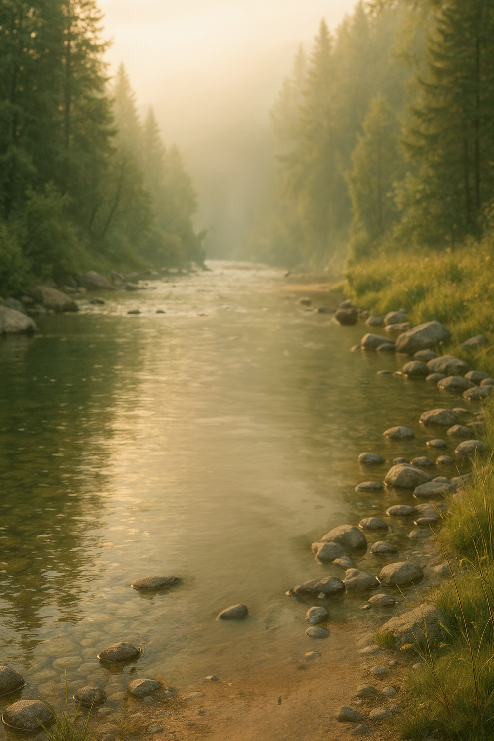 Sunlit forest riverbank with pine trees and rocks