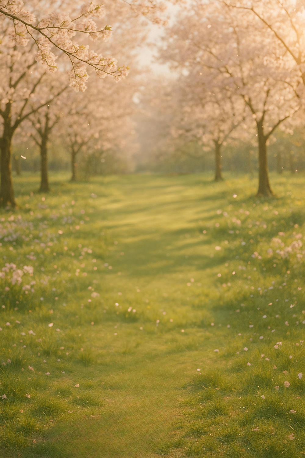 Cherry blossoms falling in sunlit pastel orchard grove