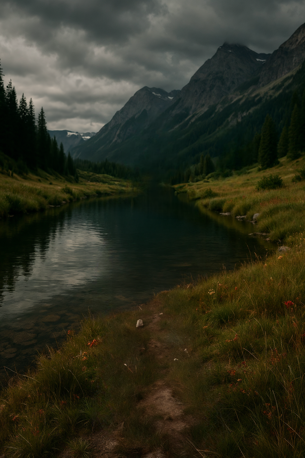Mountain valley river with pine forest and cloudy sky