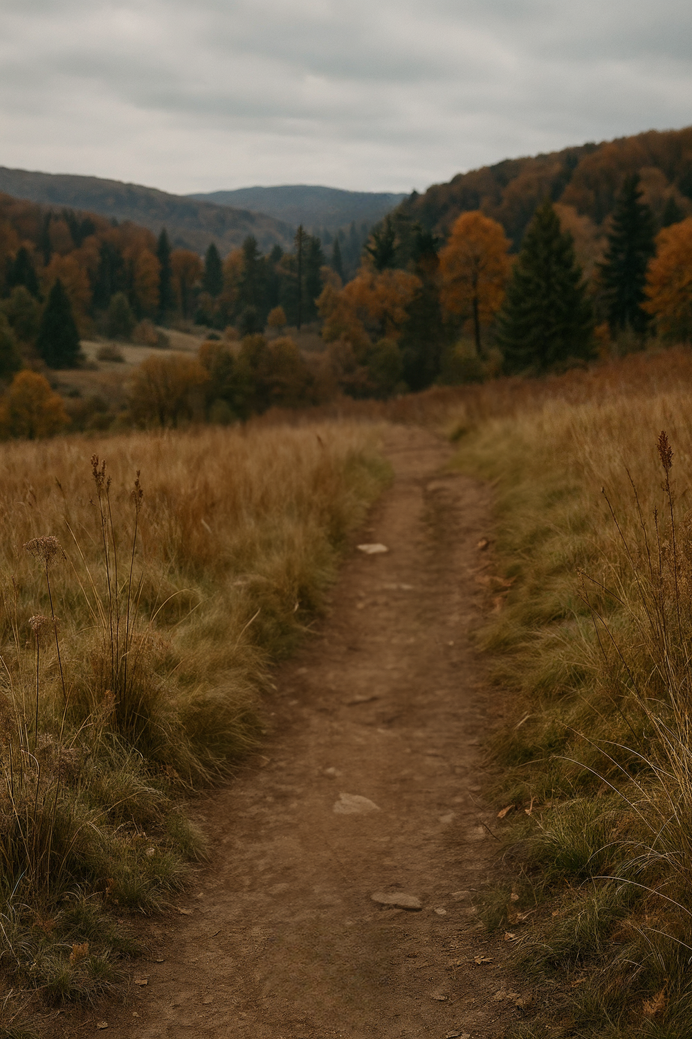 Autumn forest edge with hills under cloudy skies
