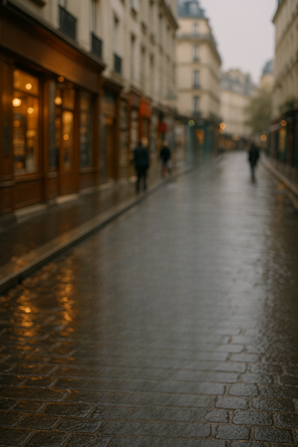 Cobblestone street with historic architecture on rainy day