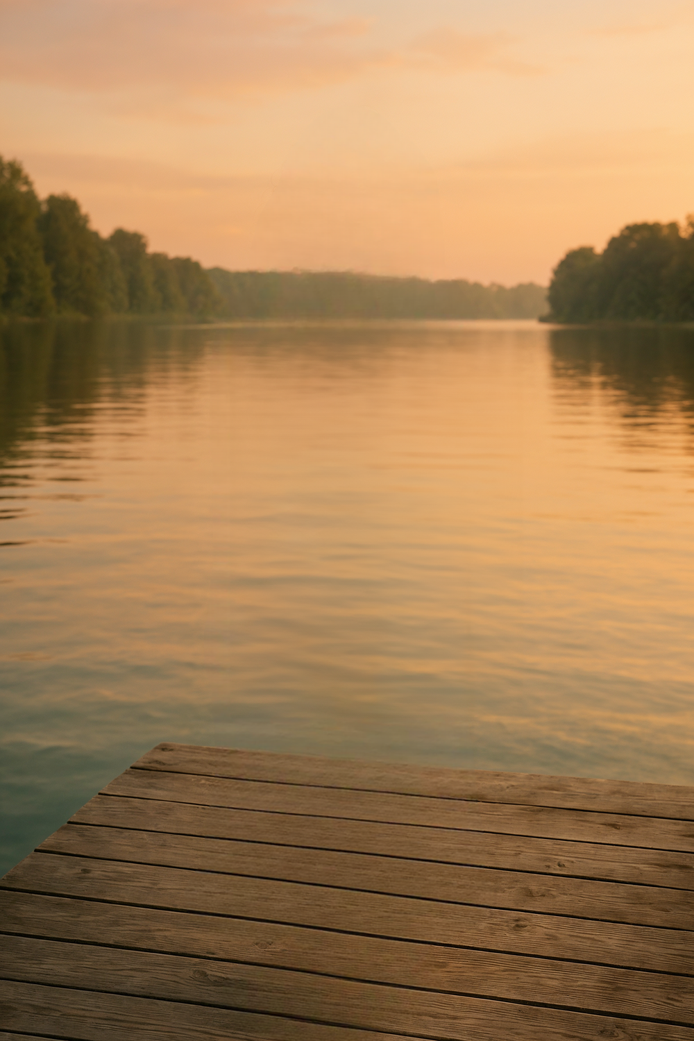 Sunset lake view with forested shoreline and dock