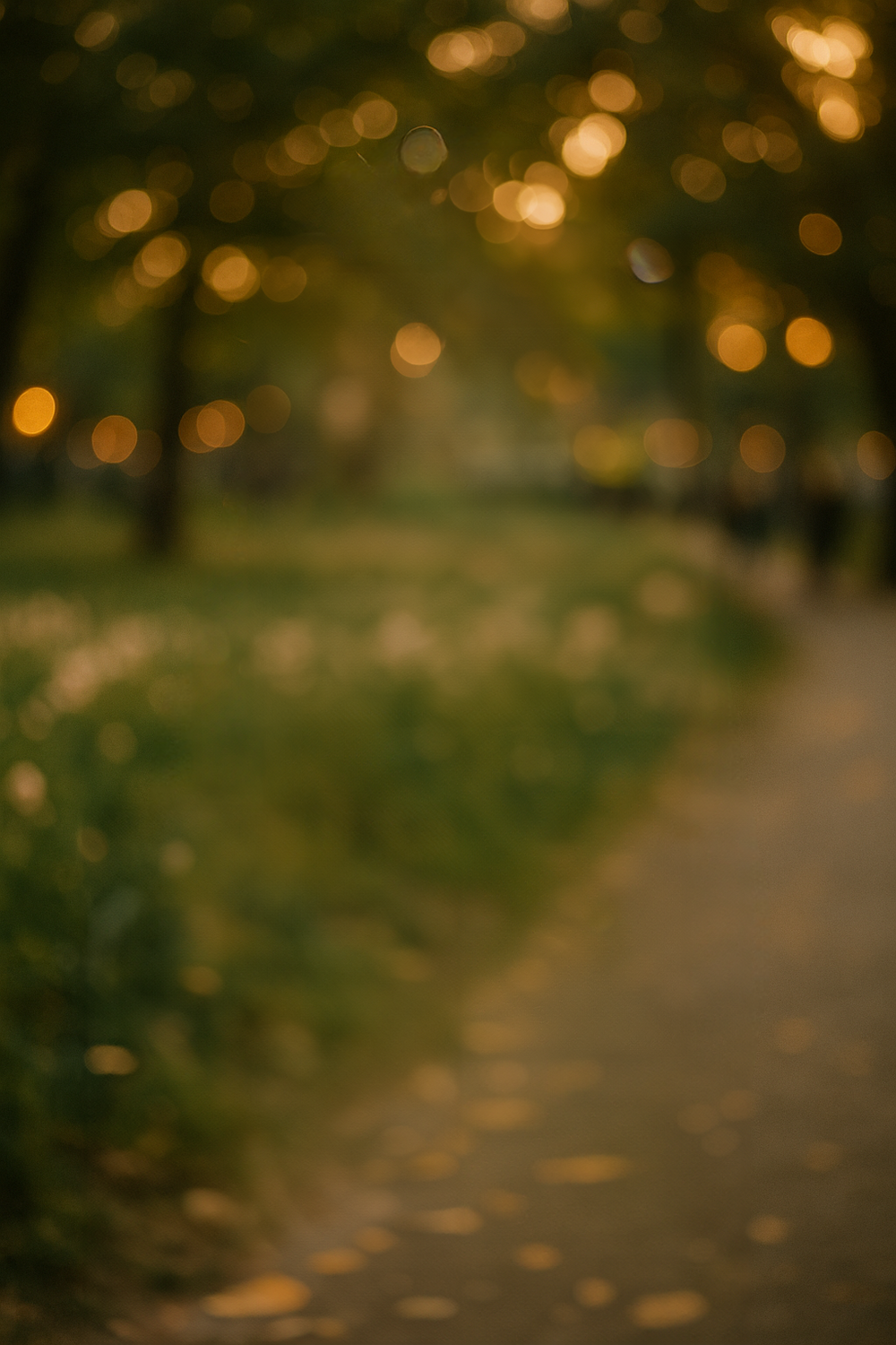 Sun-dappled park path surrounded by trees and flowers