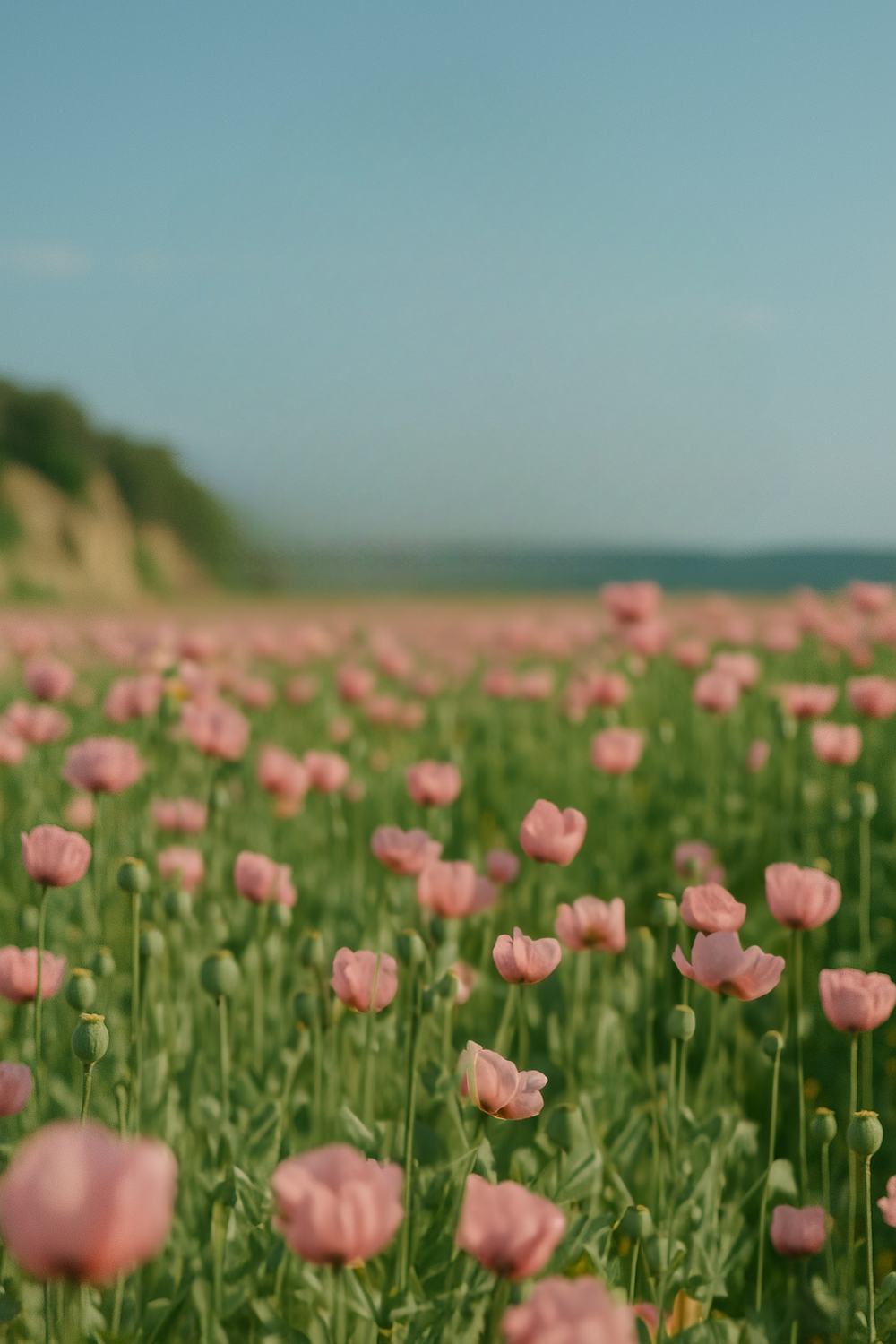 Sunny flower field with pink blooms and blue sky